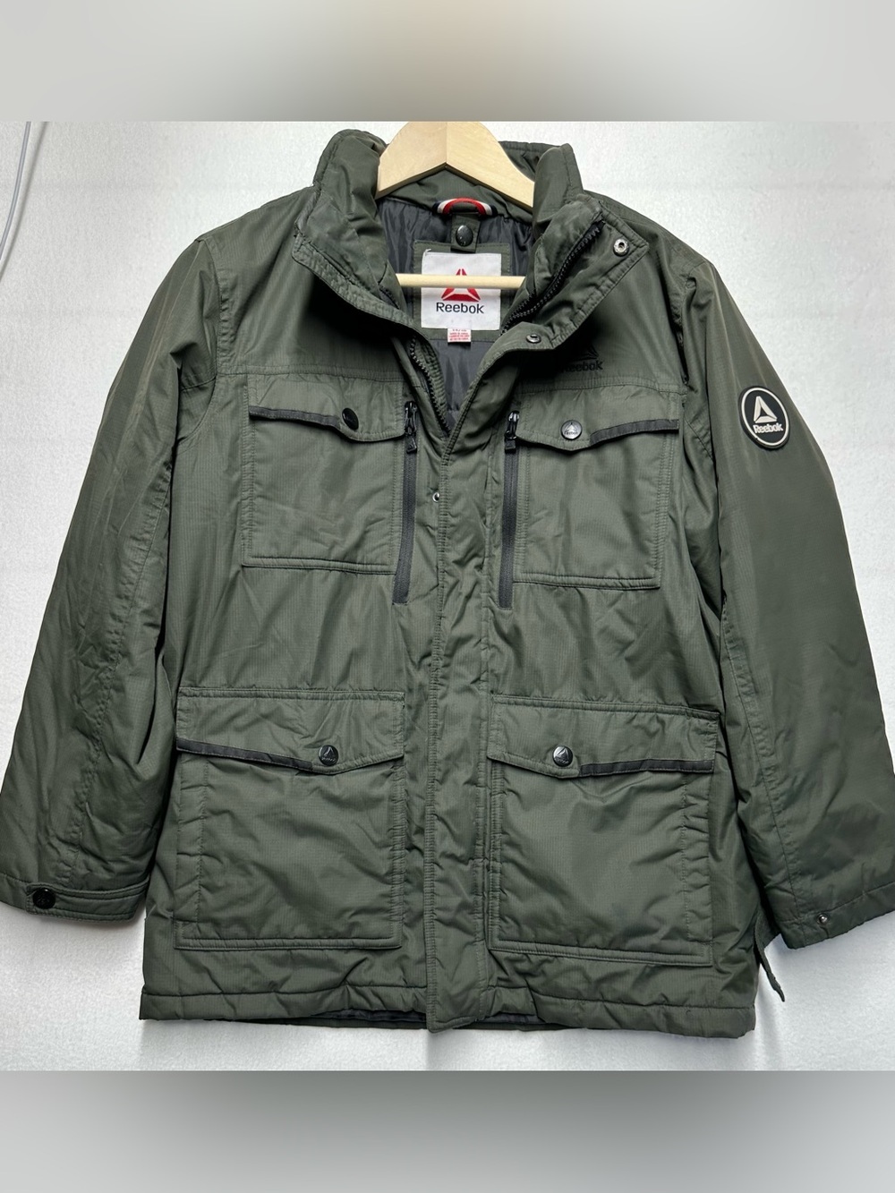 Reebok Boys 14/16 Winter Jacket – Green Utility Coat, Multiple Pockets (No Hood)